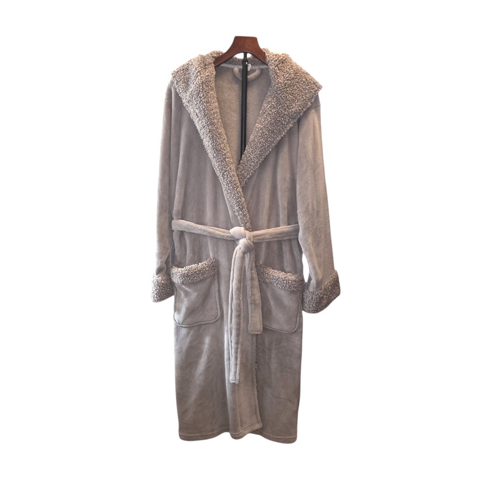 Pottery Barn Faux Fur Trim Gray Fleece Ultra Plush Robe Womens Large 1270161